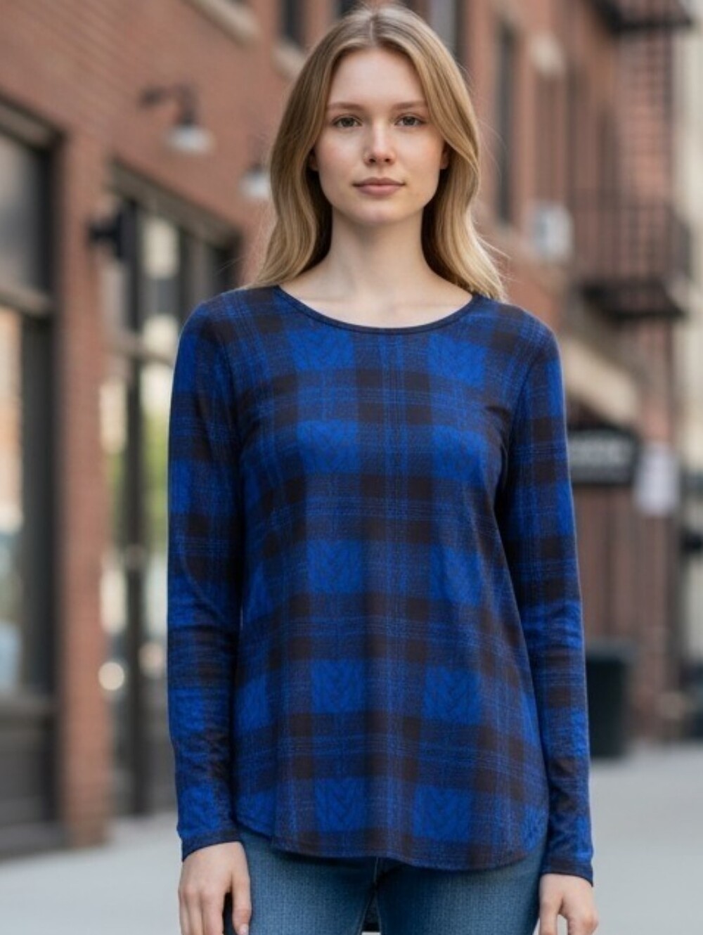 Plaid Long-Sleeve Tee in Blue 3013